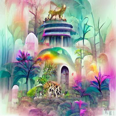 Psychedelic Iridescent Jungle Temple in Watercolour