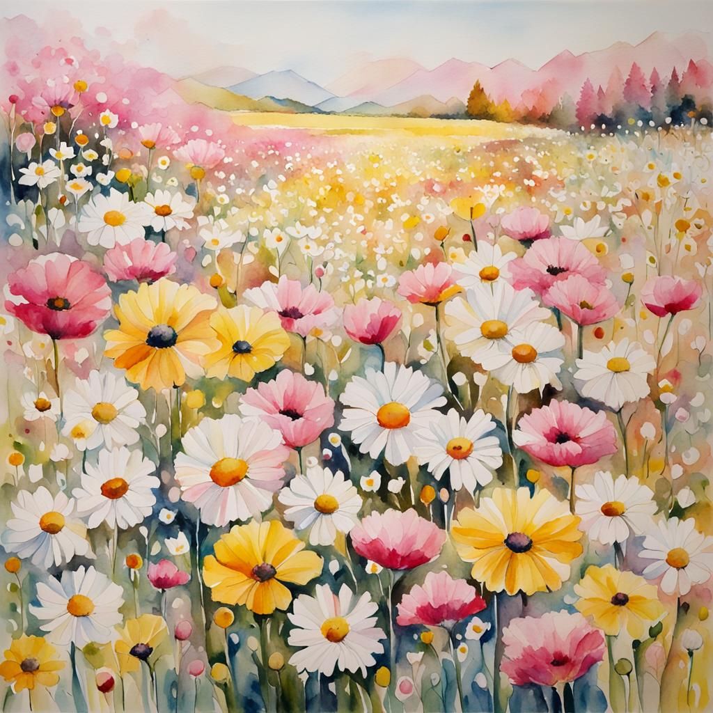 Watercolor Abstract Art of Pink, White, and Yellow Flowers
