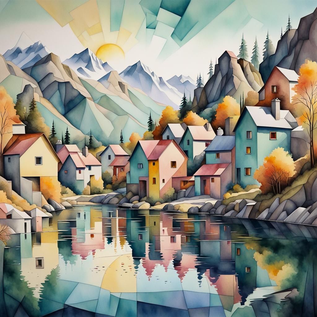 Mountain Village in Pastel