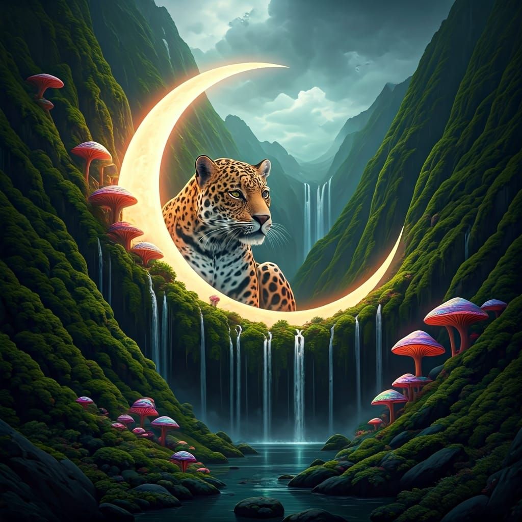 Majestic Jaguar Under Glowing Lunar Waterfalls