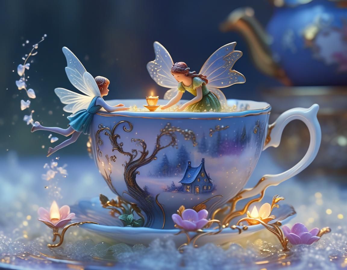 Fairy Tale Scene Inside Teacup in Ethereal Light