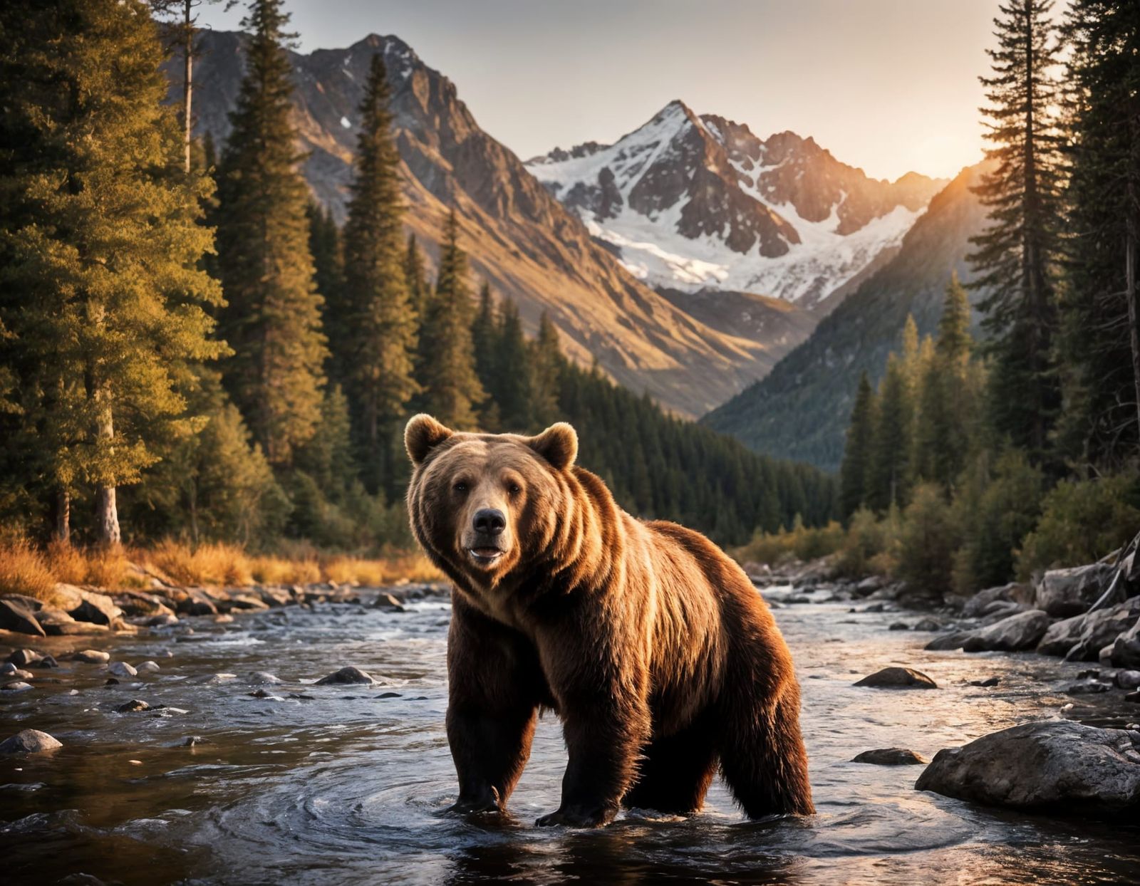 Majestic Brown Bear by Mountain Stream at Golden Hour