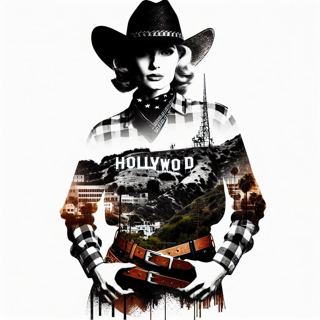 Cowgirl Graffiti Double Exposure with Hillside Sign