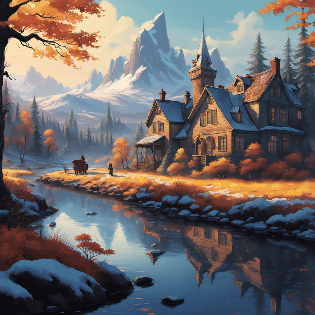 Winter Wonderland in Golden Light: Enchanted Village Scene