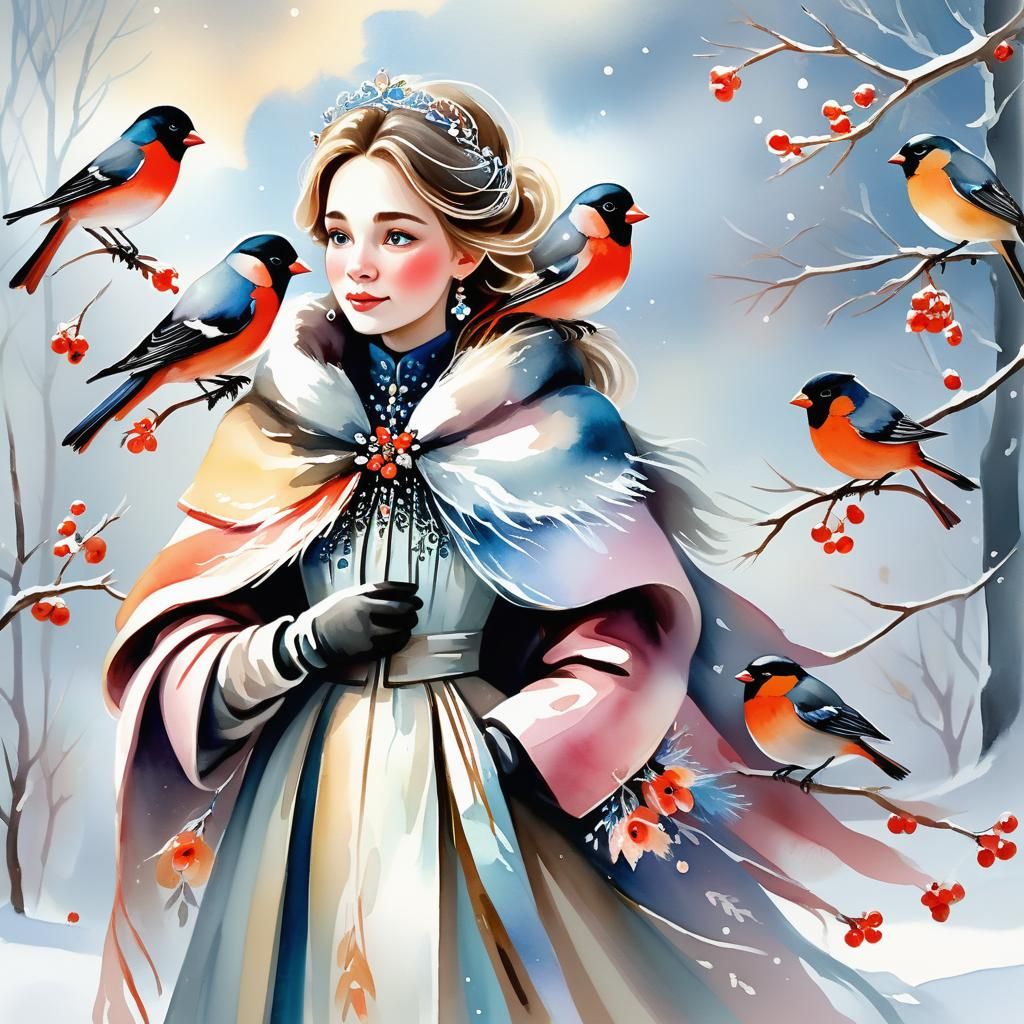 Snow Princess with Bullfinches: Watercolor Illustration