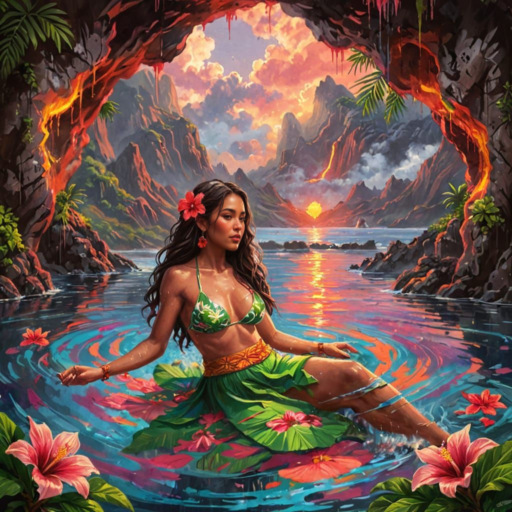 Hula Dancer in Grotto at Sunset with Hibiscus and Volcanoes