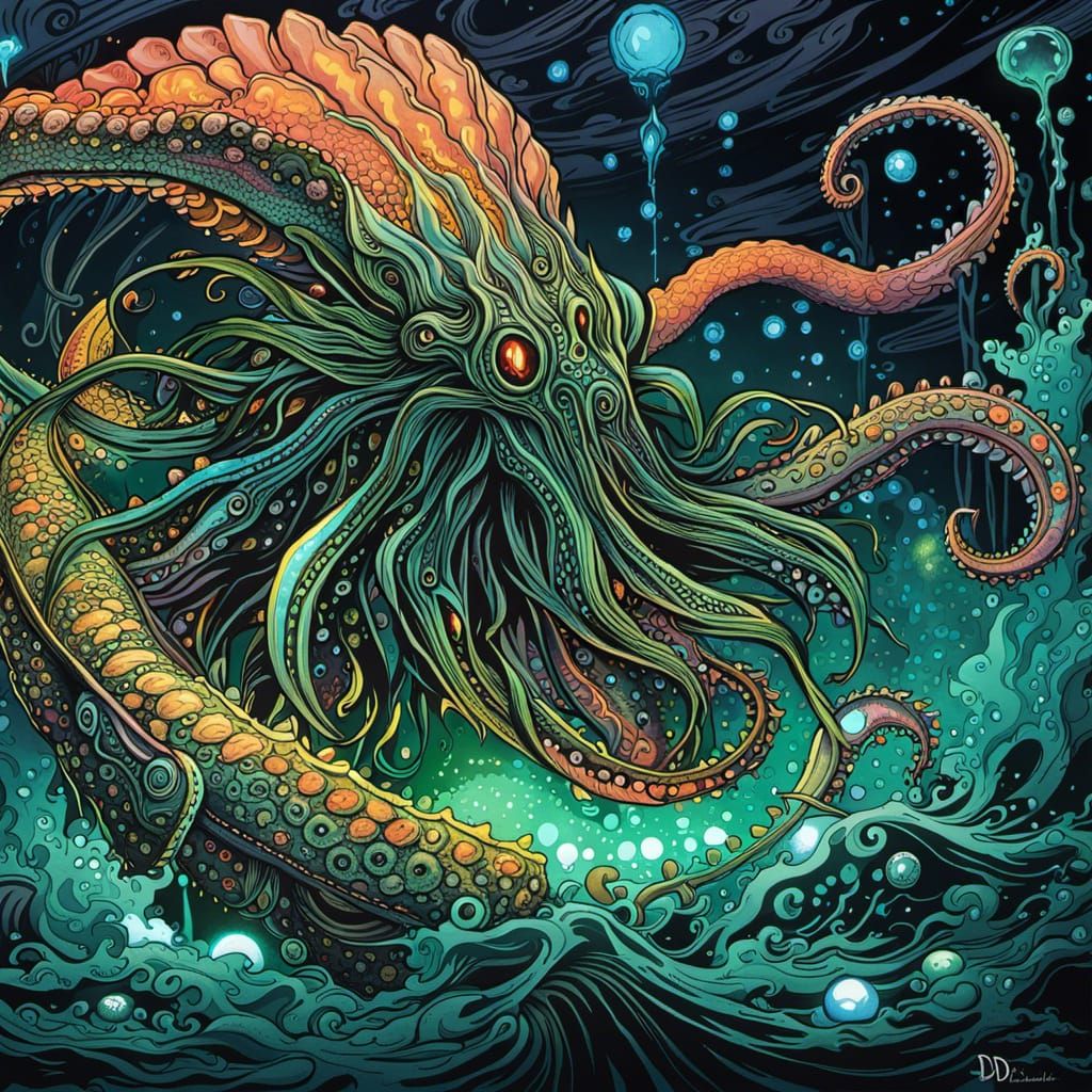 Bioluminescent Kraken Ink Drawing in Aetherpunk Style