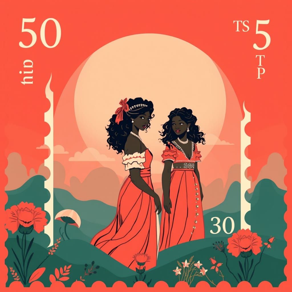 Stylized Stamp Design of Fantasy Black Sisters