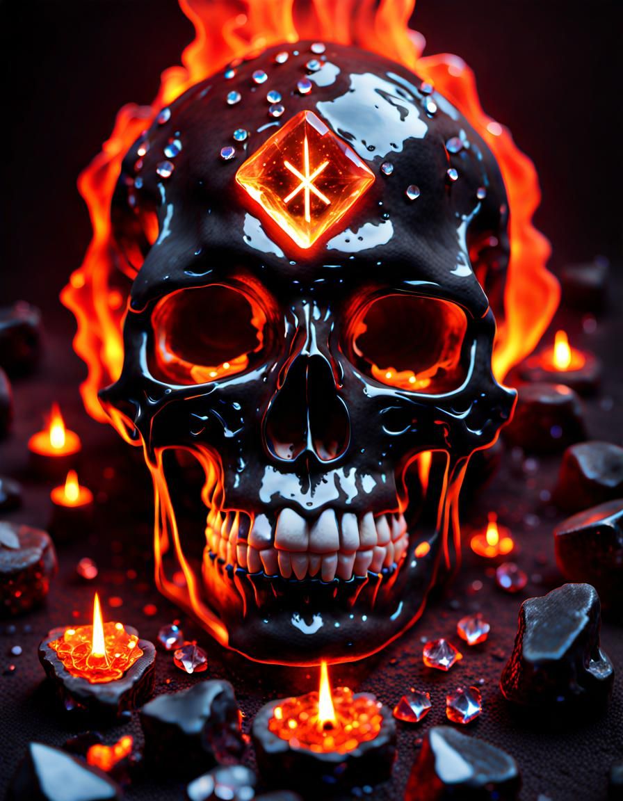 Glowing Magma Skull Surrounded by Crystals and Runes