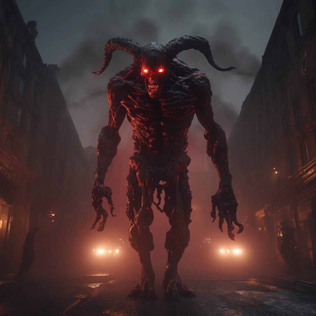 Skeletal Demon Confronts Chains in Burning City