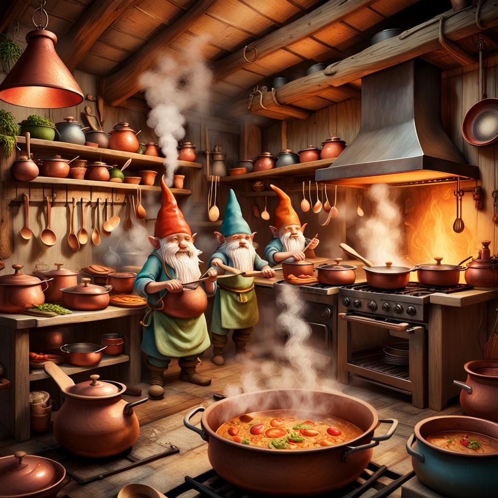 Gnomes Cook Lunch in Gigantic Fantasy Kitchen