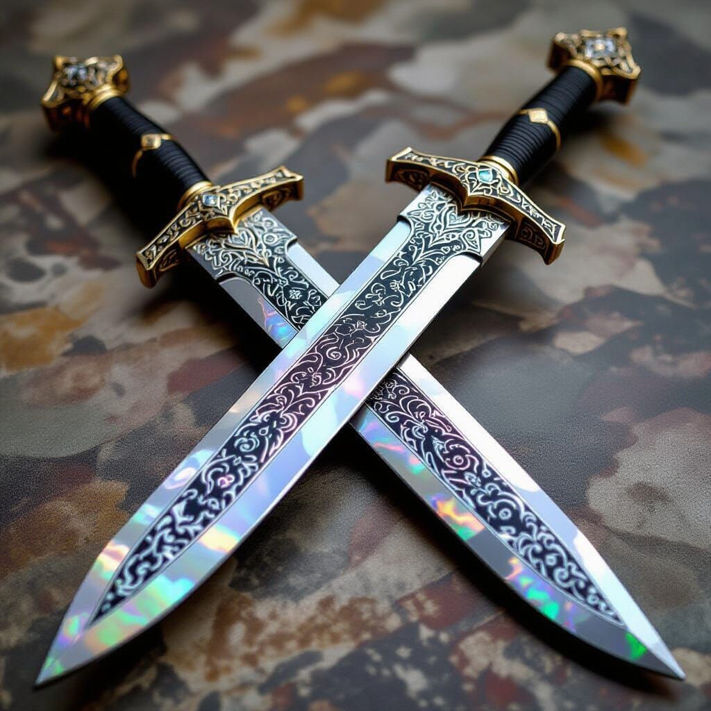 Iridescent Damascus Sword in Futuristic Style