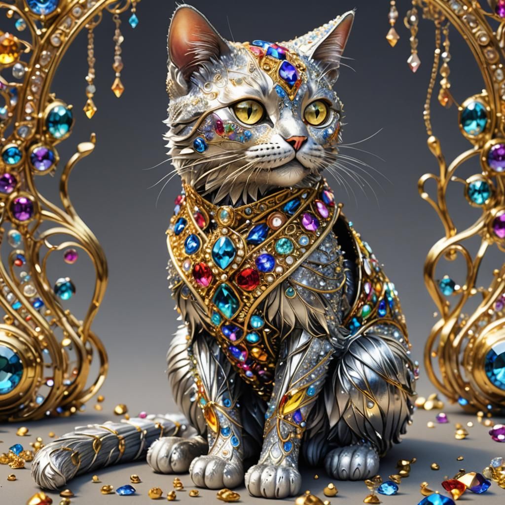 Golden Crystal Cat in Bejeweled Waistcoat