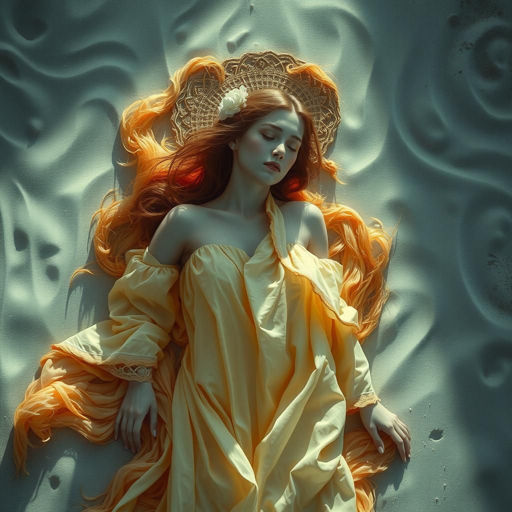 Woman Entrapped in Amber on a Dreamlike Beach