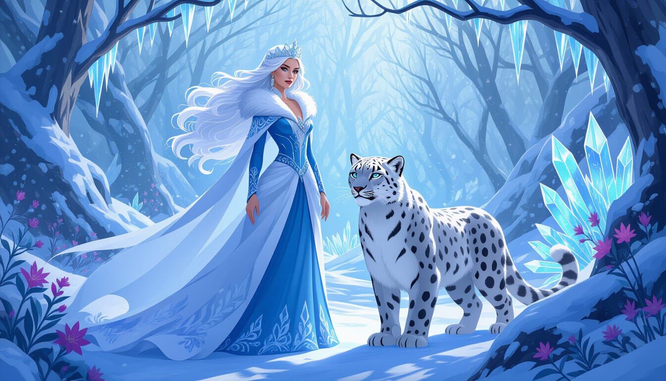 Winter Queen With Snow Leopard in Comic Book Style
