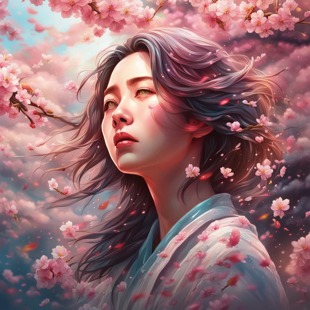Hyperrealistic Cherry Blossom Garden in the Wind