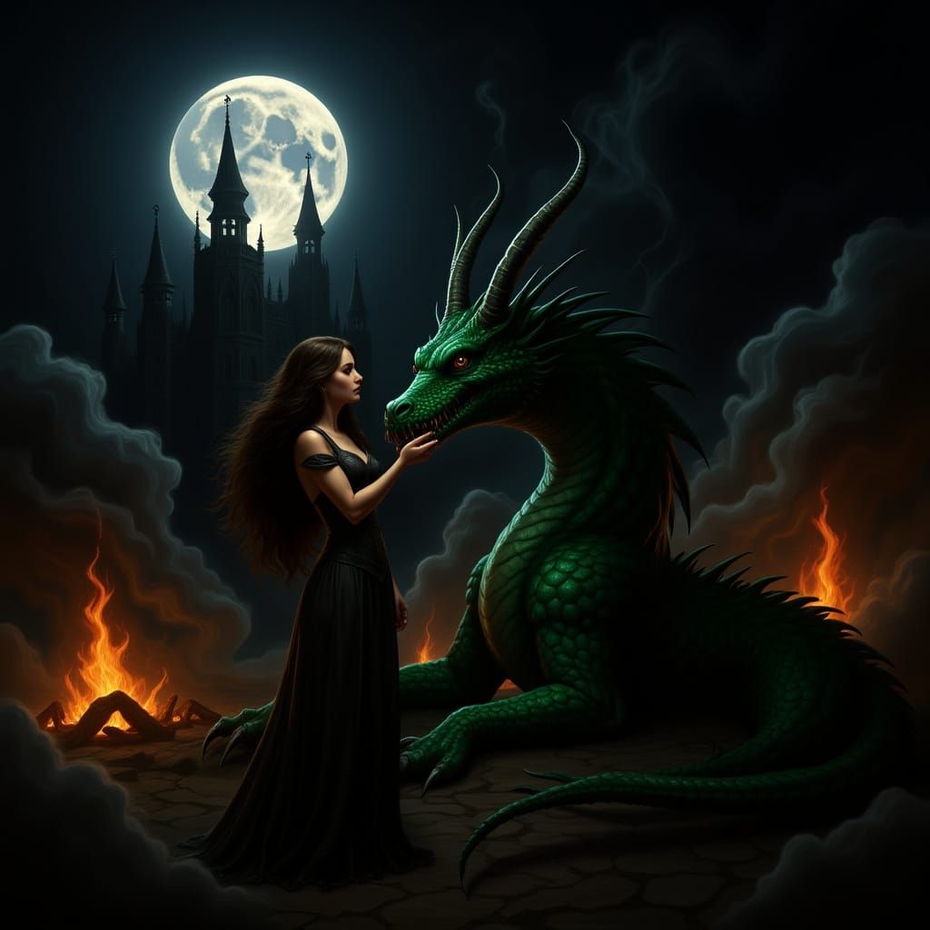 Dragon and Woman Before Ominous Castle in Dark Fantasy Style