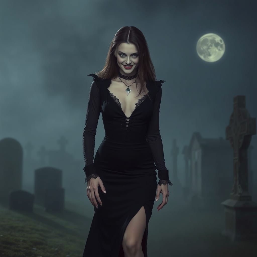 Gothic Vampire Emerges from Fog in Cemetery