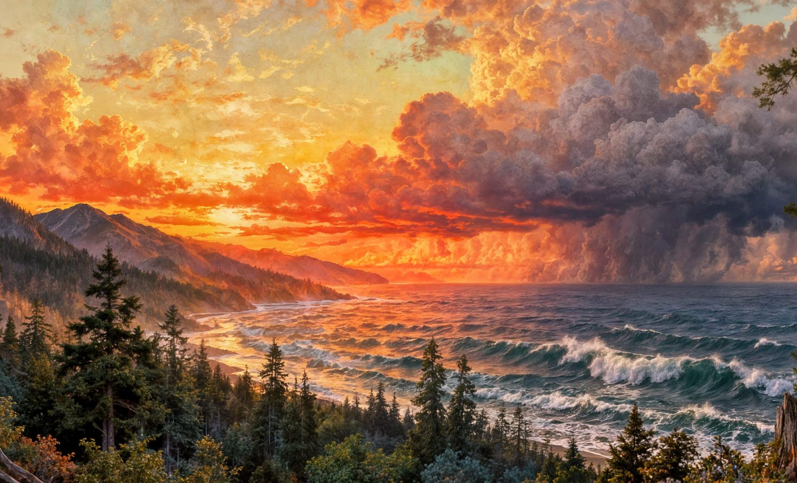 Vivid 1940s Pacific Northwest Forest Sunset Digital Painting