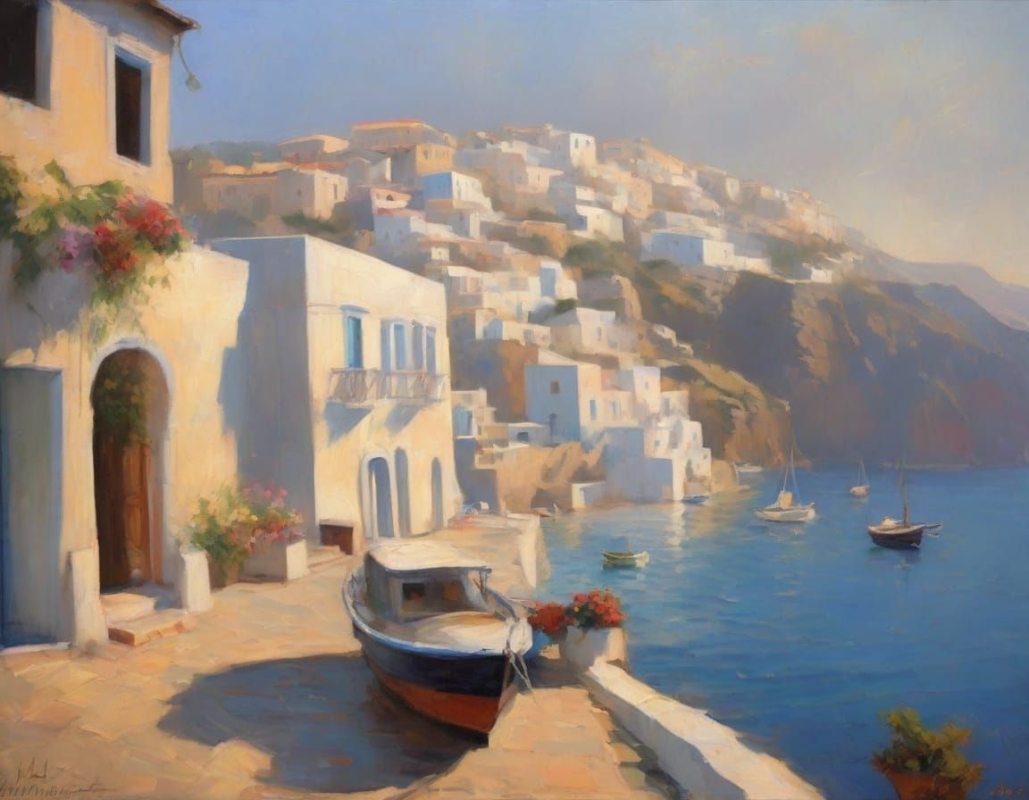 Santorini Caldera: Impressionistic Painting Inspired by Mone...