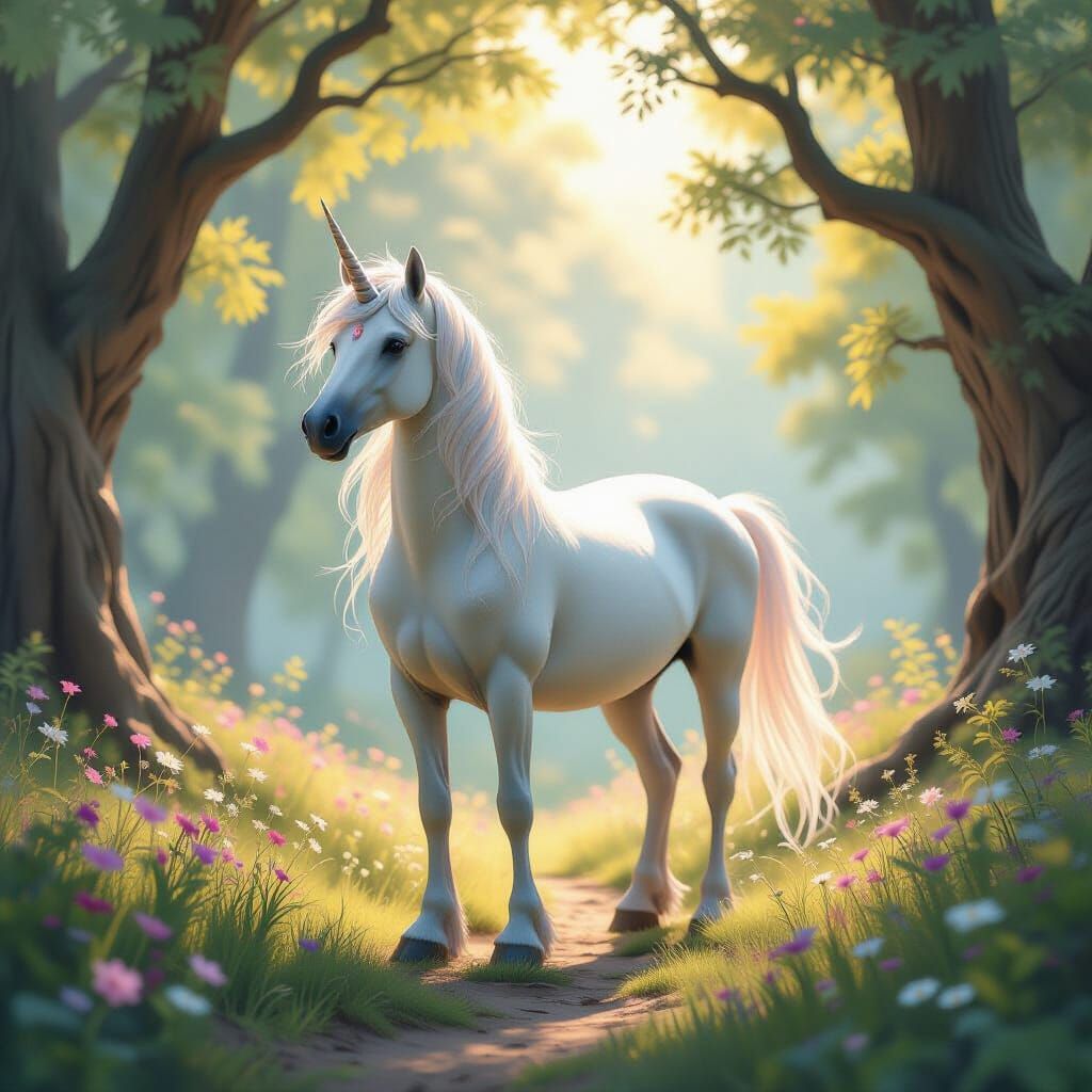 Majestic Unicorn in Enchanted Forest Watercolor