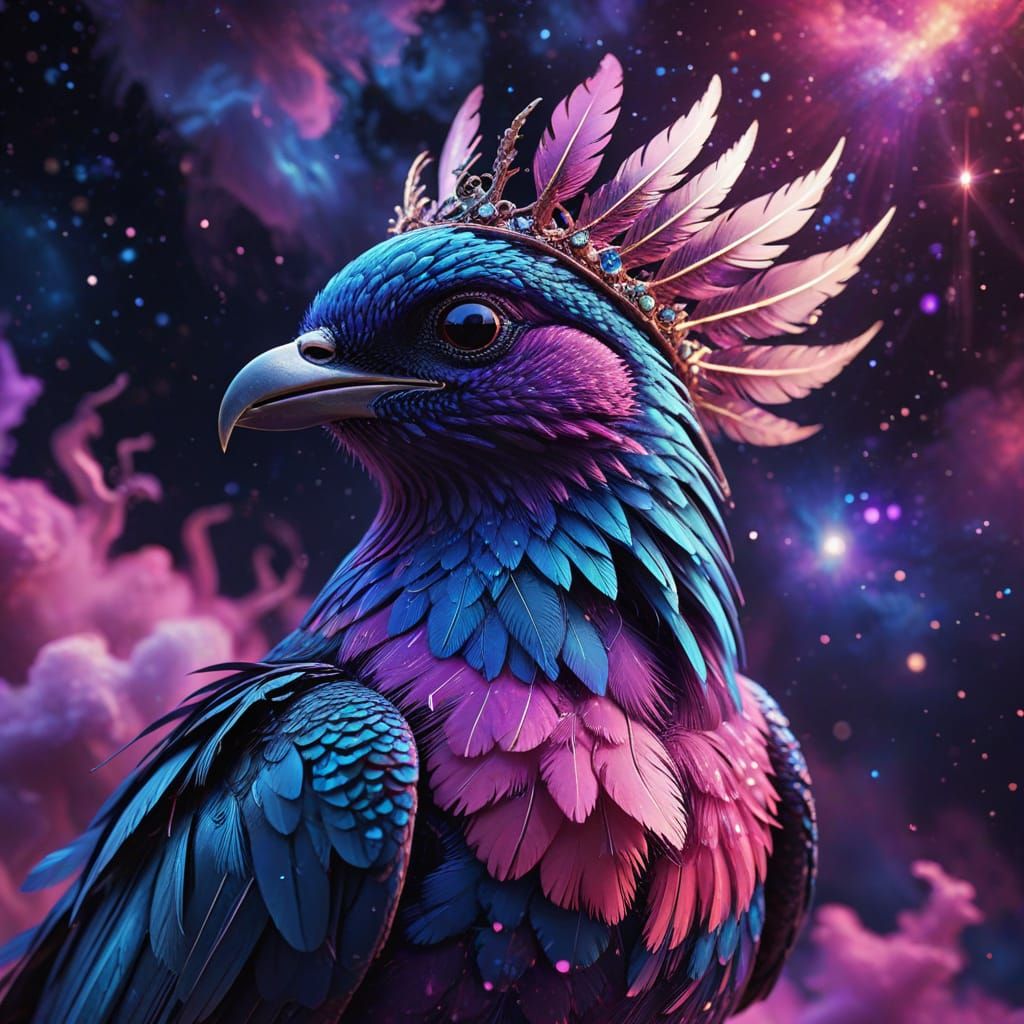 Cosmic Bird God in Vibrant, Swirling Skies