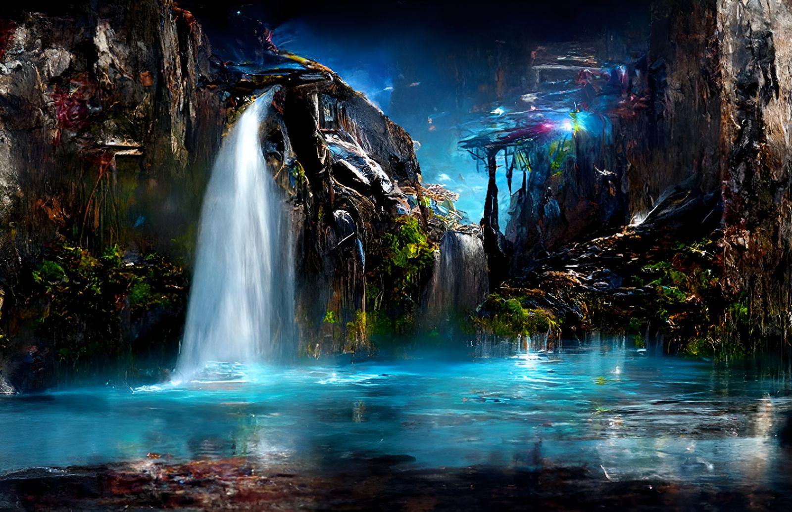 Mystical Cove with Waterfall and Ominous Shadows