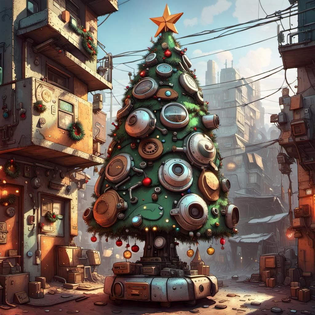 Talking Christmas Tree Robot in Cyberpunk Favela
