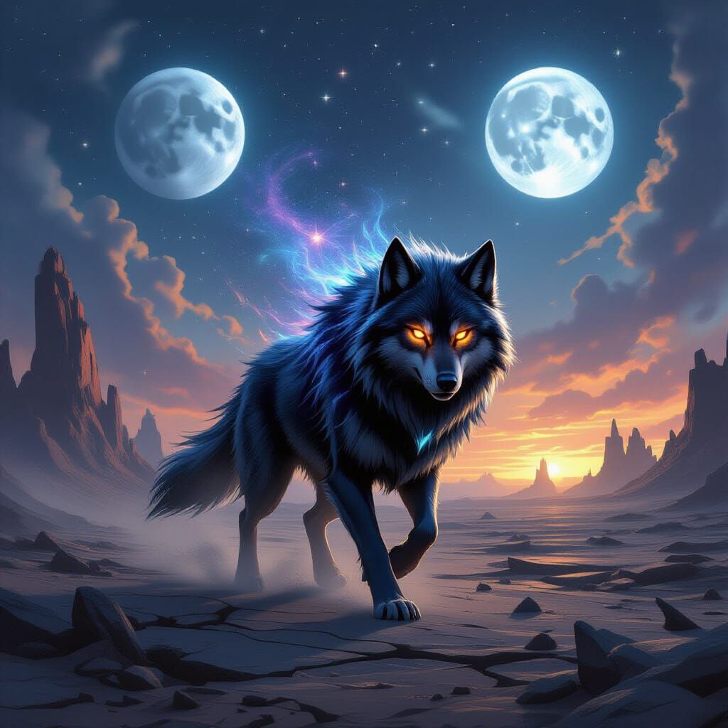 Cosmic Wolf Spirit in Post-Apocalyptic Wasteland