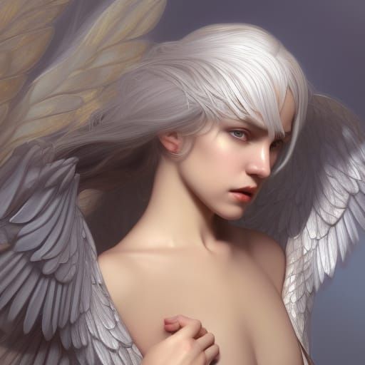Radiant Angel Portrait with Silver Hair and Golden Highlight...