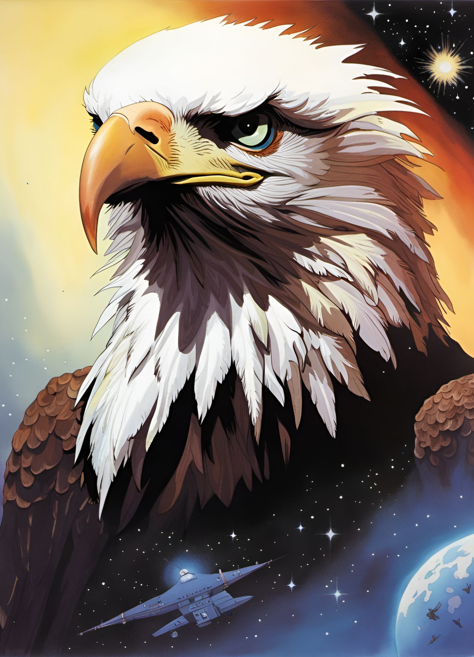 Bald Eagle in Space, Hyperrealistic Matte Painting