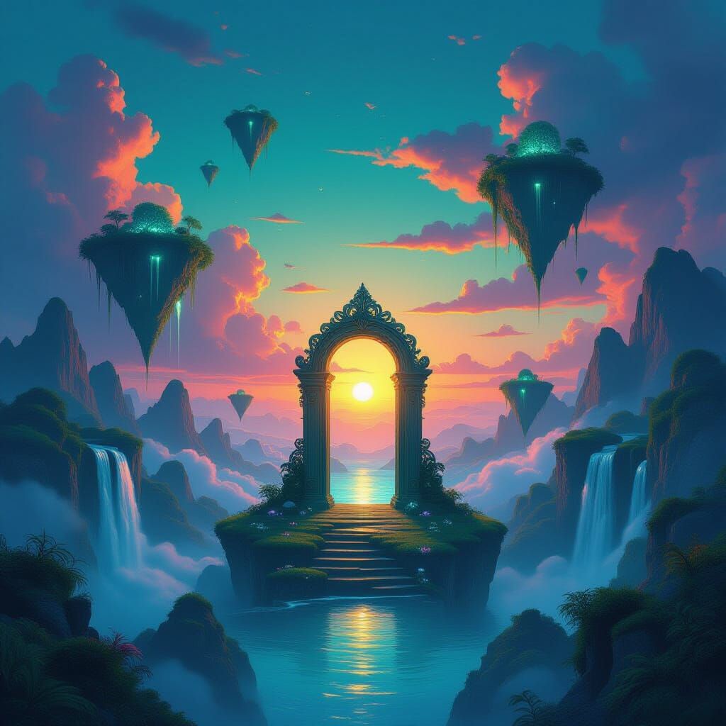 Surreal Floating Islands With Open Doorway in Vibrant Sky