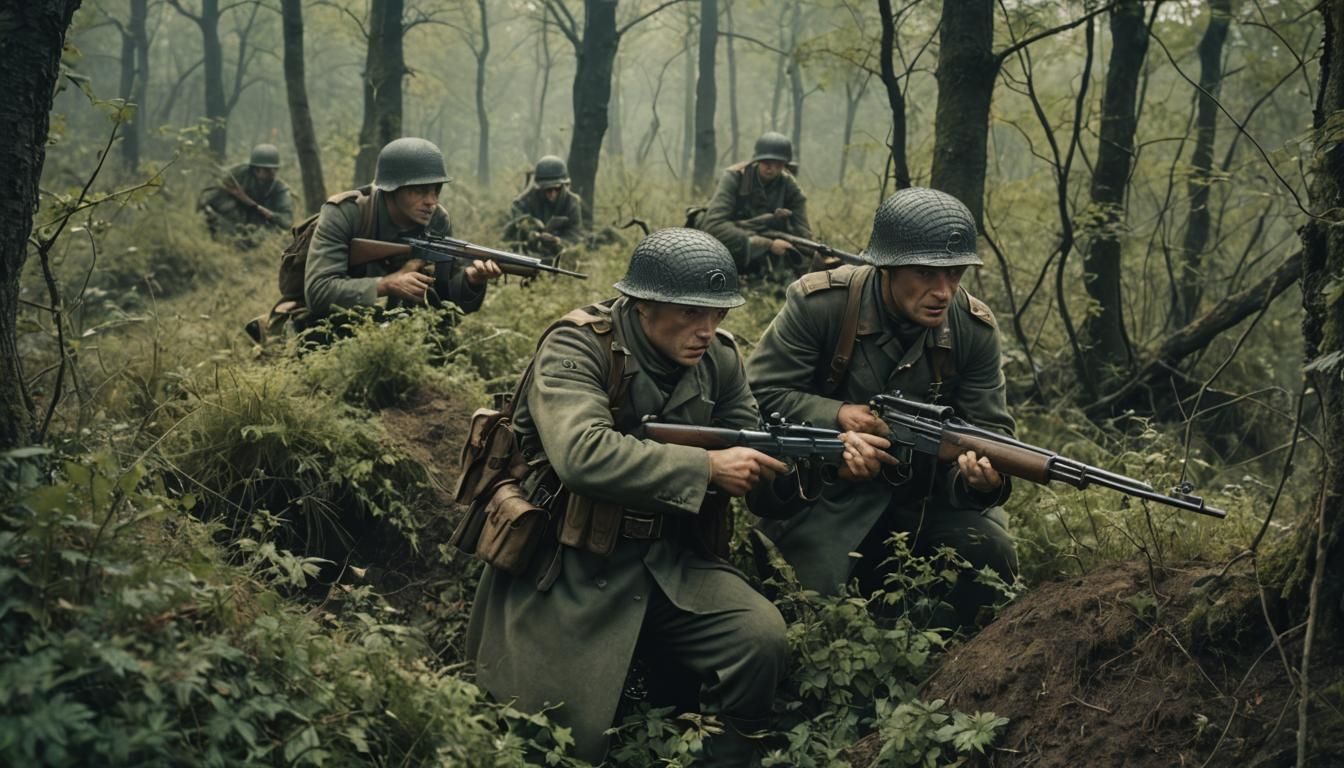 German Soldiers hiding in bushes aiming their weapons. During World War 2, Cinematic film still, shot on v-raptor XL, fi...