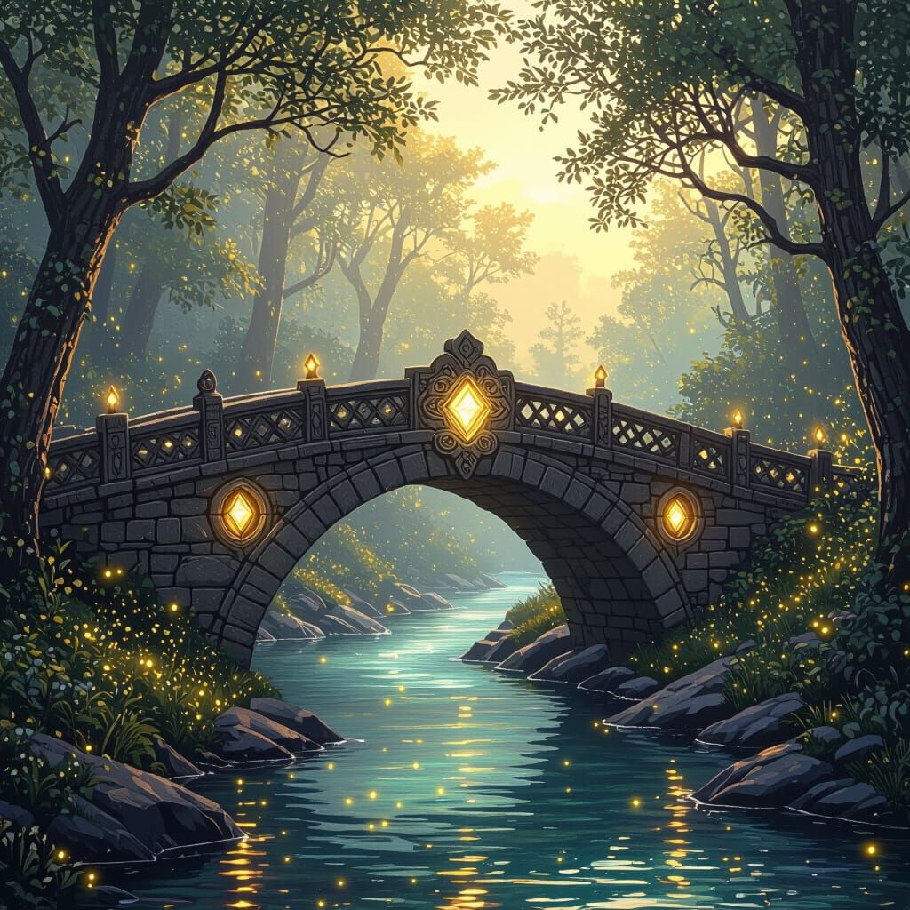 Mystical Medieval Bridge in Lush Forest: Fantasy Art