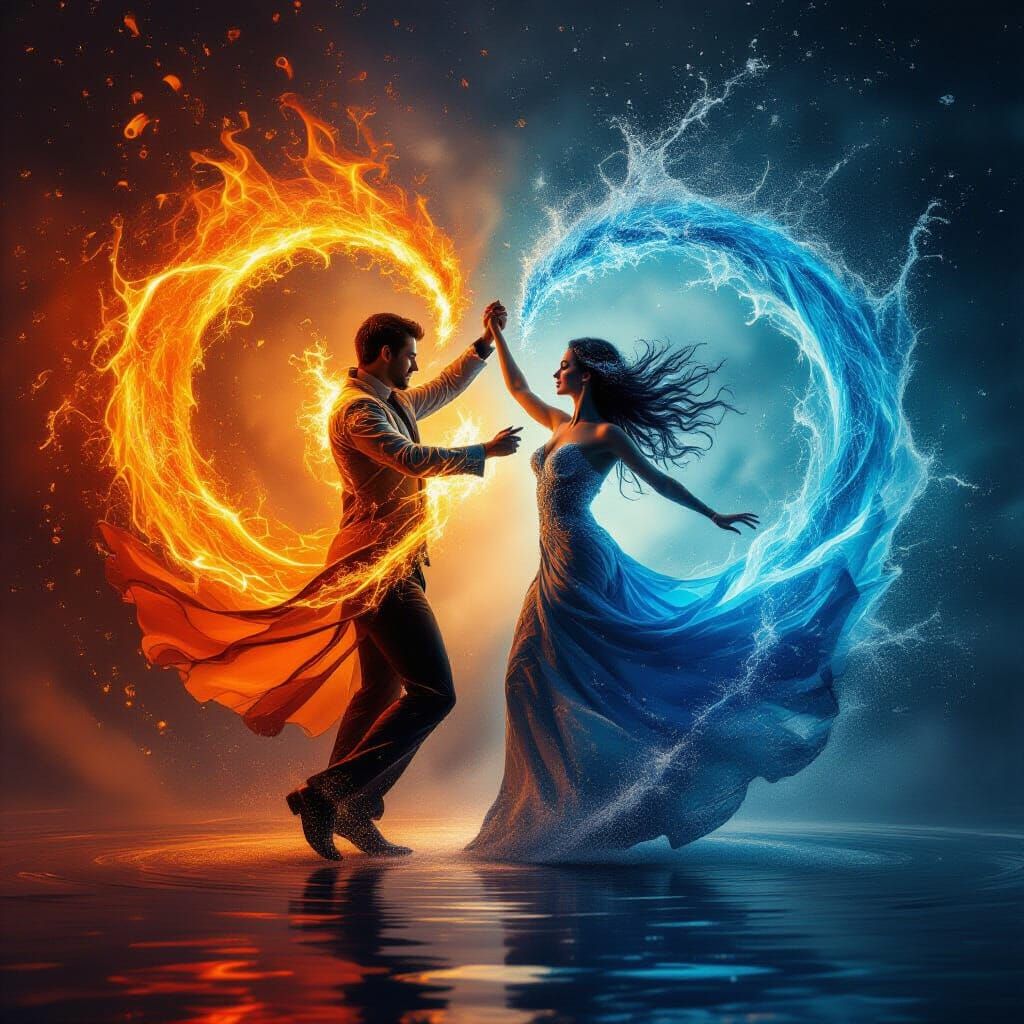 Fiery Man and Water Woman Dance in Abstract Fantasy