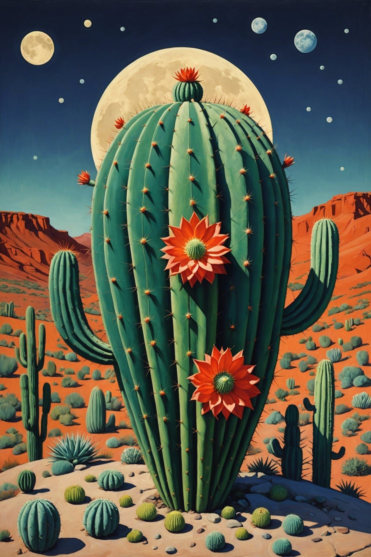 Cactus Flower Gazing at Moon in Post-Surrealist Style