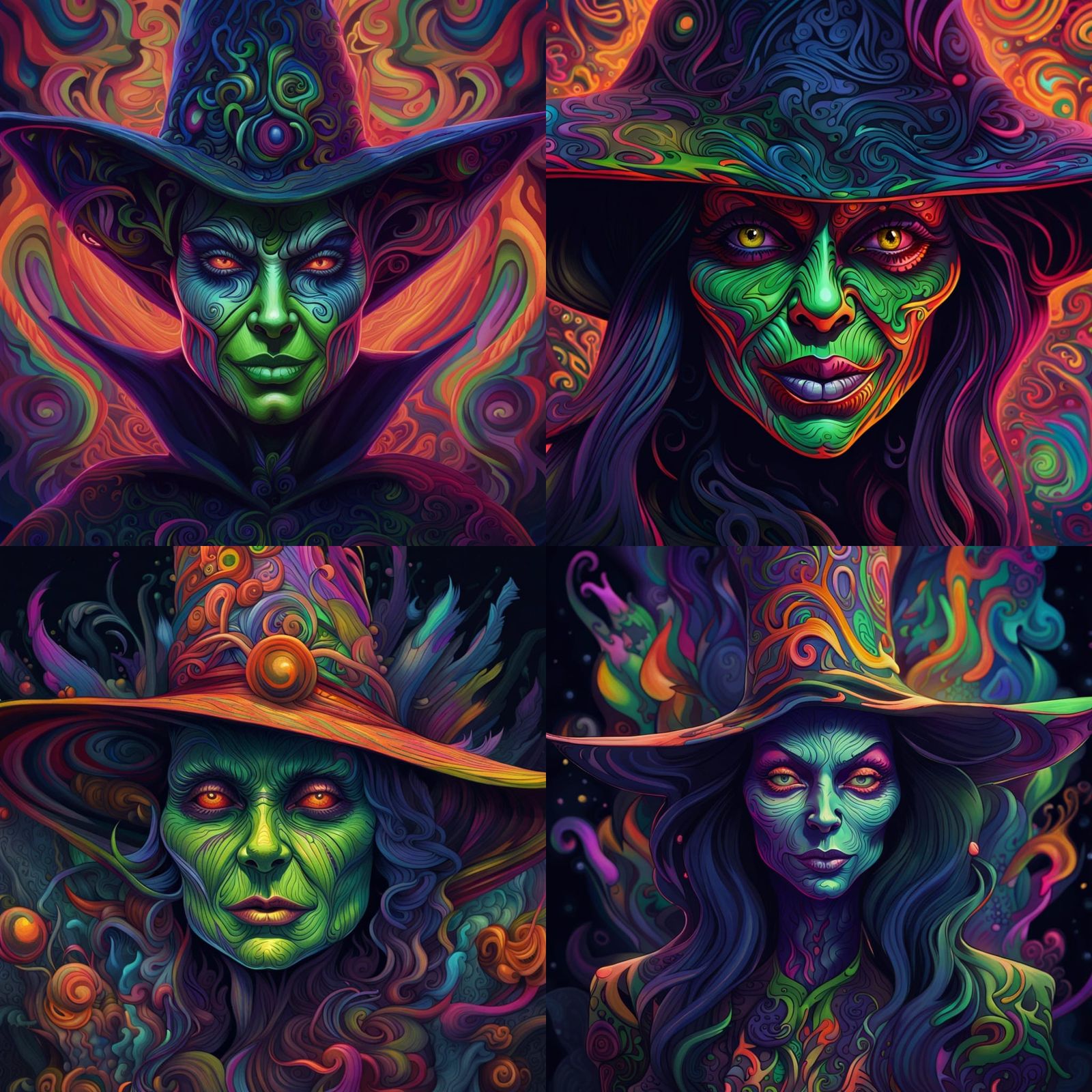 An extremely psychedelic portrait of the Wicked Witch, surreal, LSD, face, detailed, intricate, elegant, lithe, highly d...