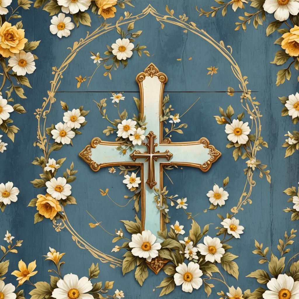Floral Cross on Blue Banner with Gold Edges