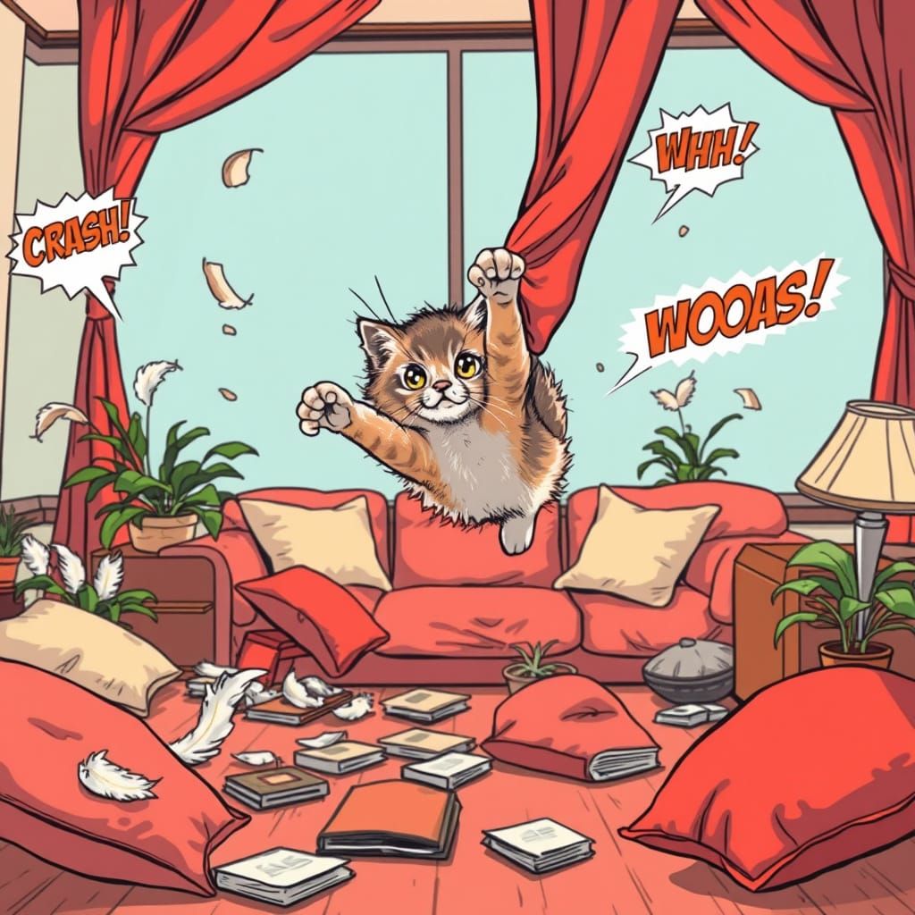 Mischievous Fluffy Kitten in Comic Book Style