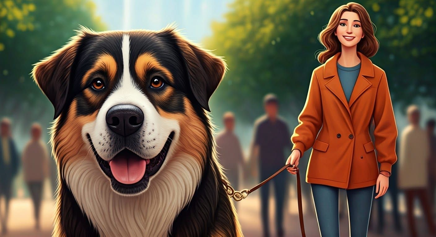 Stylish Woman Walking Dog in City Park