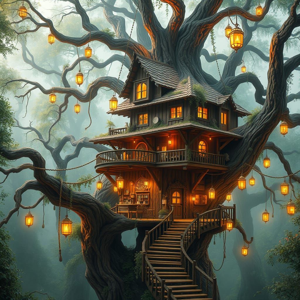 Enchanted Forest Treehouse with Rope Bridges and Lanterns in...
