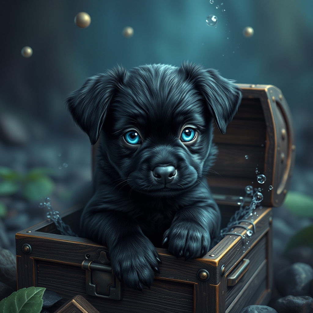Blue-Eyed Puppy in Treasure Box: Fantasy Concept Art