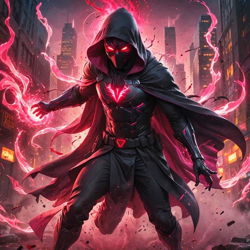 Hooded Superhero in Black Suit with Red Light