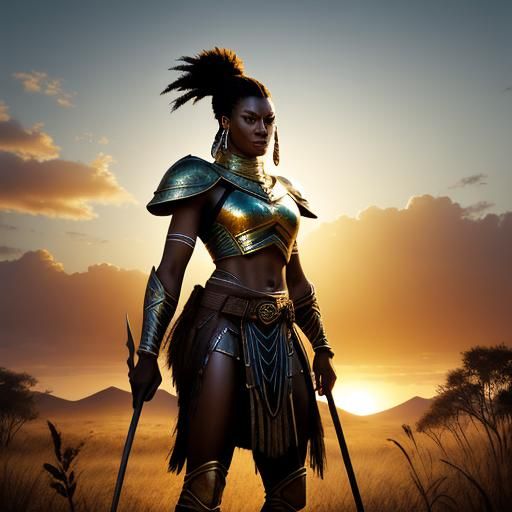 African Woman Warrior in Golden Savannah Sunset
