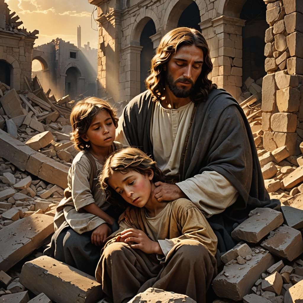 Jesus Comforts Children in Ruins: Baroque Digital Art