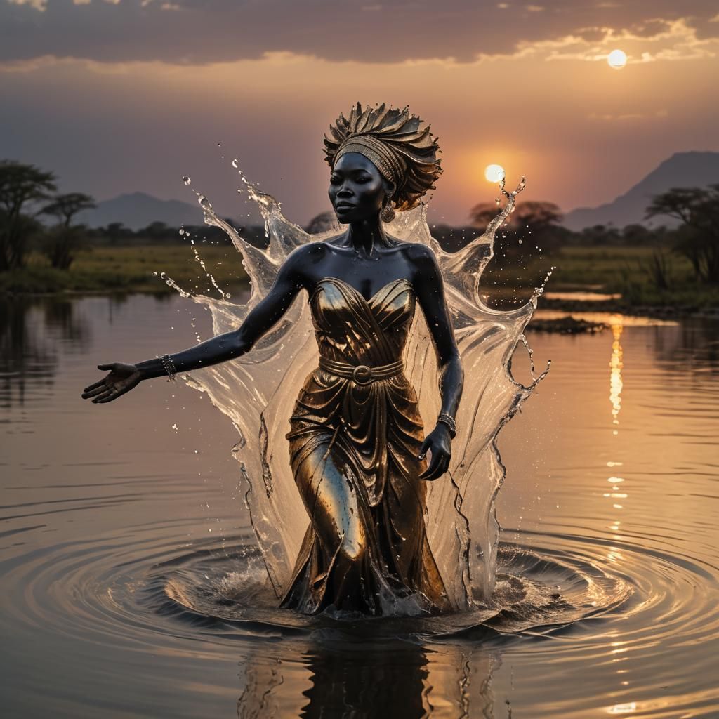 Elegant Water Woman Rising from Lake at Sunset