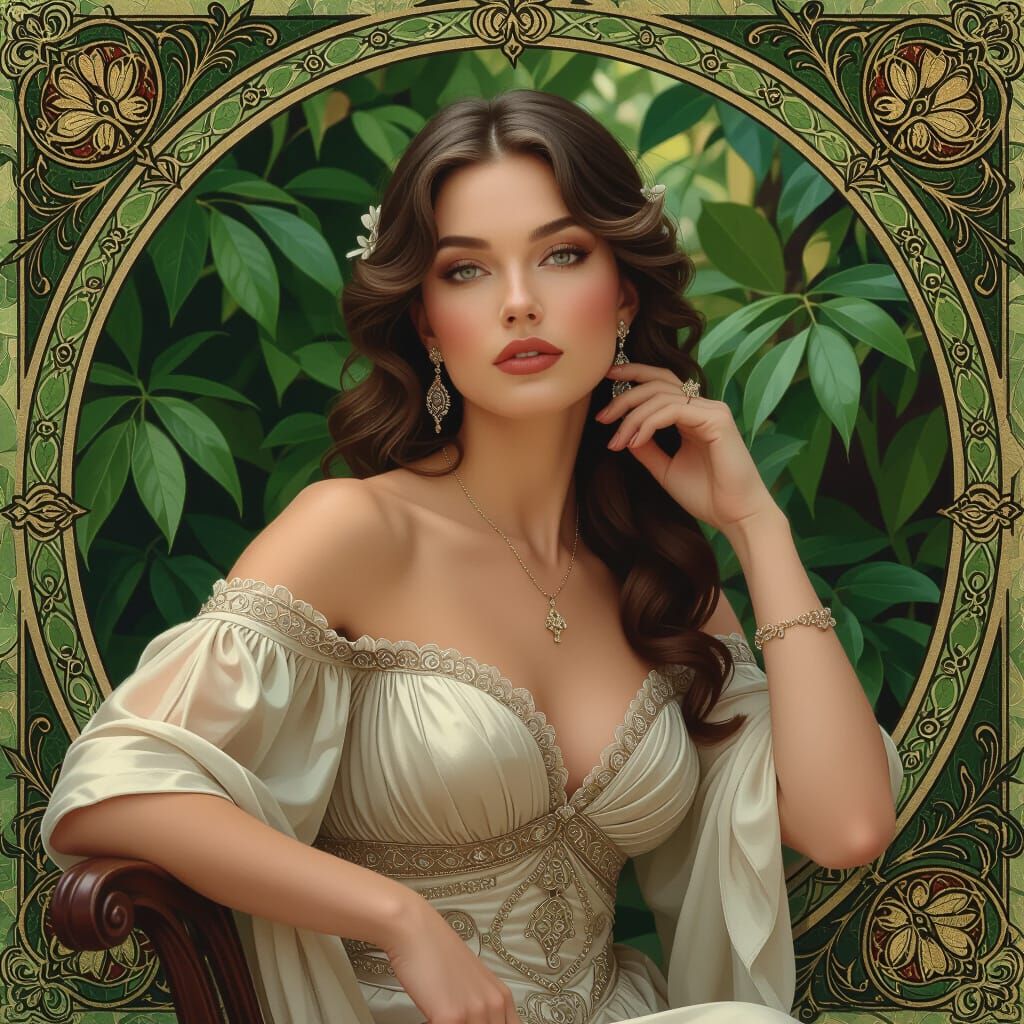 Elegant Woman in Greenery: Art Nouveau Portrait