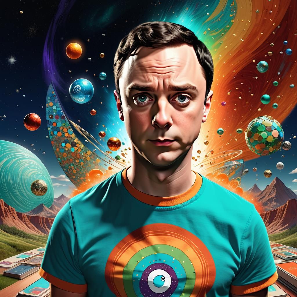 Sheldon Cooper  on the Big Bang Theory  with a  Bazinga shirt 8k resolution concept art by Greg Rutkowski dynamic lighti...