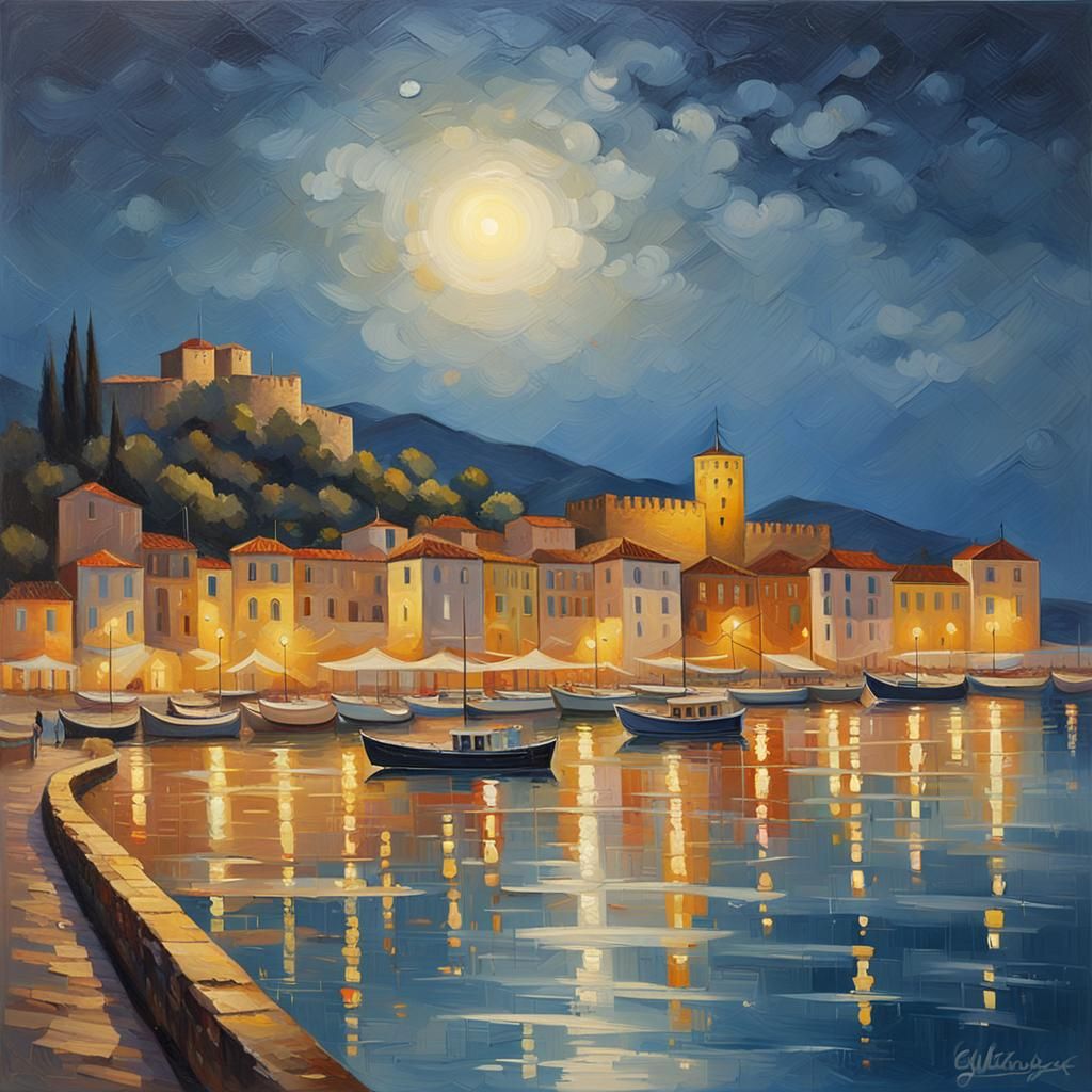 Nafpactos at Night: Impressionist Seaside Castle