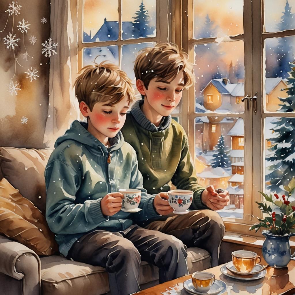 Cozy Boy Drinking Tea: Watercolor Painting